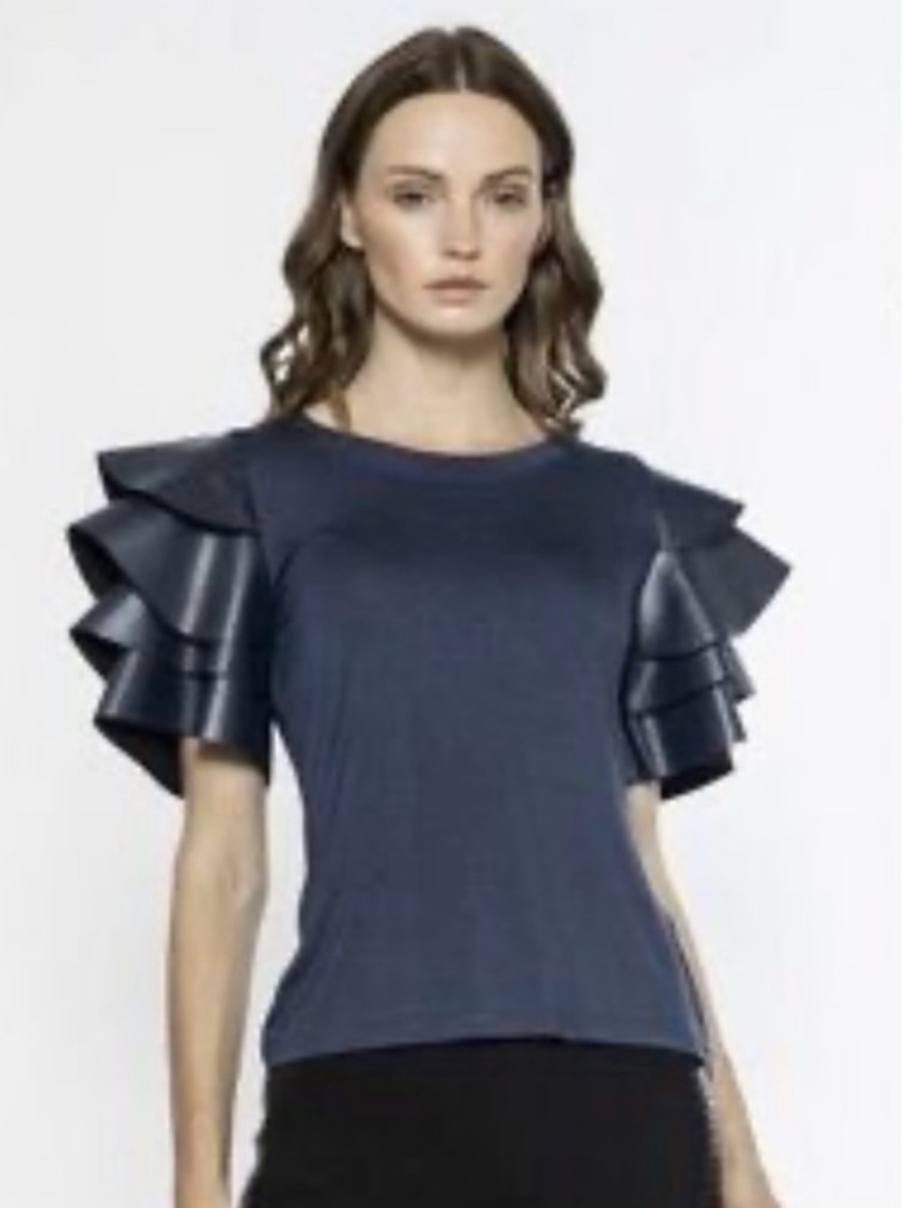Women’s Gracia Navy Leather Ruffle Sleeve Top NWT Size Small